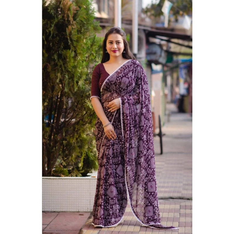 Mayawye Women's Georgette Printed Saree With Unstitched Blouse (Purple)