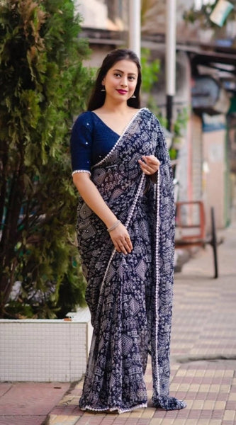 Mayawye Women's Georgette Printed Saree With Unstitched Blouse (Navyblue)
