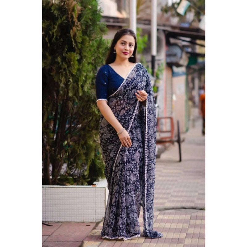 Mayawye Women's Georgette Printed Saree With Unstitched Blouse (Navyblue)