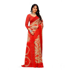 Mayawye Women's Georgette Printed Saree With Unstitched Blouse (Red)
