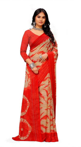 Mayawye Women's Georgette Printed Saree With Unstitched Blouse (Red)