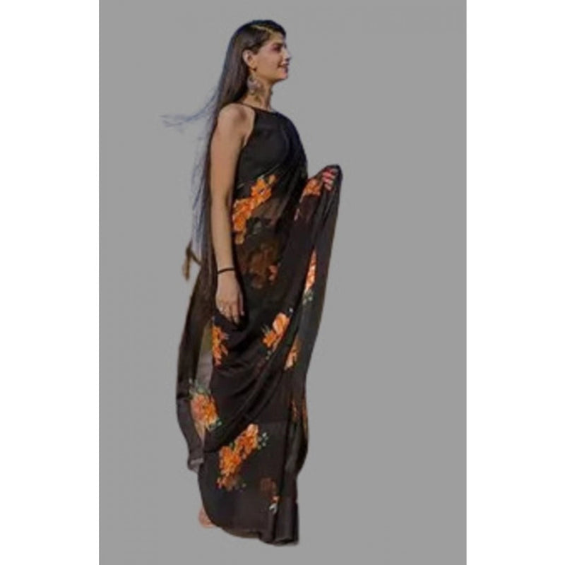 Mayawye Women's Satin Patta Printed Saree With Unstitched Blouse (Orange)