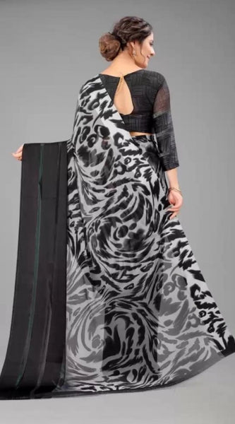Mayawye Women's Satin Patta Printed Saree With Unstitched Blouse (Grey)