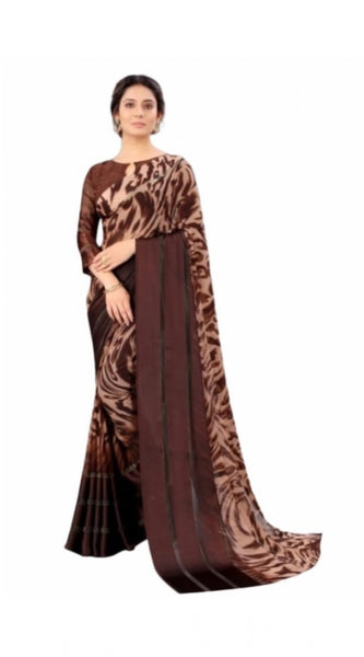 Mayawye Women's Satin Patta Printed Saree With Unstitched Blouse (Brown)
