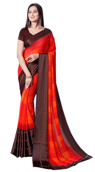 Mayawye Women's Satin Patta Printed Saree With Unstitched Blouse (Red)