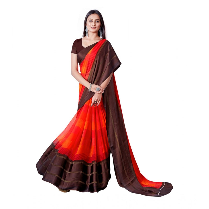 Mayawye Women's Satin Patta Printed Saree With Unstitched Blouse (Red)