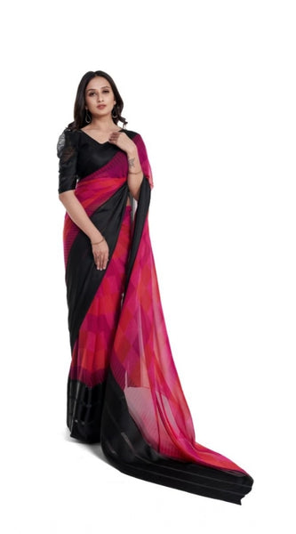 Mayawye Women's Satin Patta Printed Saree With Unstitched Blouse (Pink)