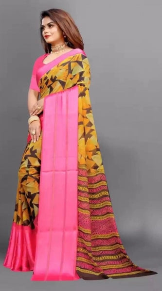 Mayawye Women's Satin Patta Printed Saree With Unstitched Blouse (Pink)