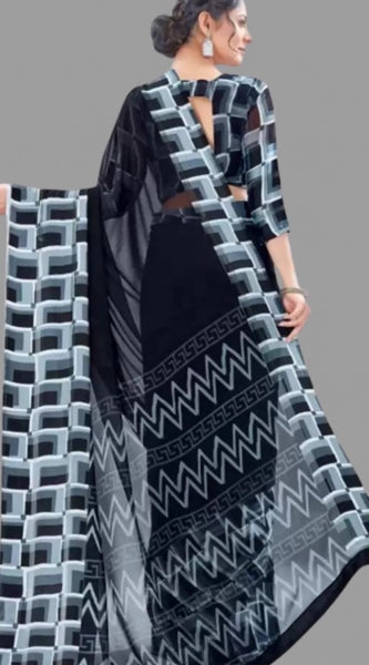 Mayawye Women's Satin Patta Printed Saree With Unstitched Blouse (Black)