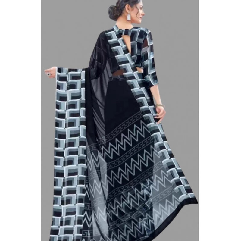 Mayawye Women's Satin Patta Printed Saree With Unstitched Blouse (Black)