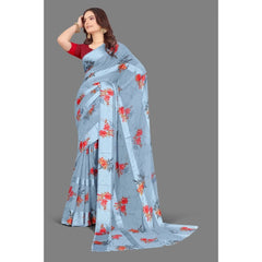 Mayawye Women's Satin Patta Printed Saree With Unstitched Blouse (Grey)