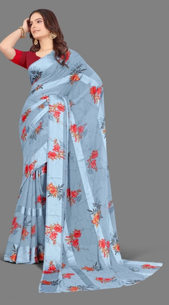 Mayawye Women's Satin Patta Printed Saree With Unstitched Blouse (Grey)