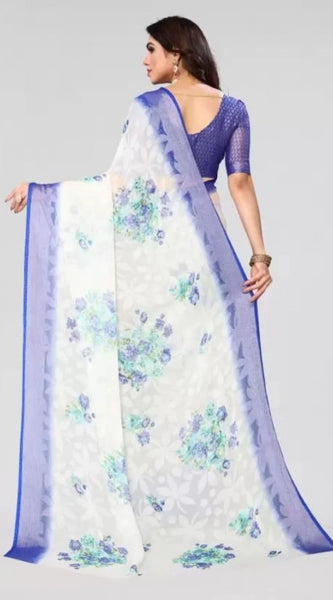 Mayawye Women's Viscose Rayon Printed Saree With Unstitched Blouse (Blue)