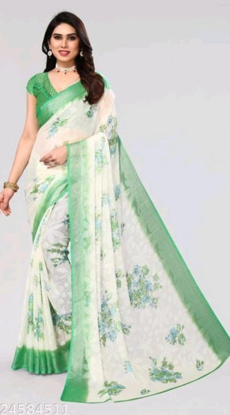 Mayawye Women's Viscose Rayon Printed Saree With Unstitched Blouse (Green)
