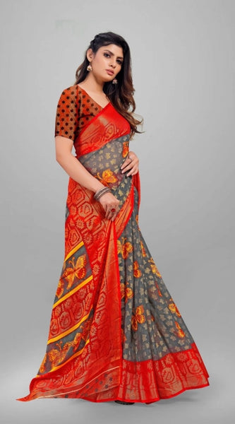 Mayawye Women's Viscose Rayon Printed Saree With Unstitched Blouse (Grey)