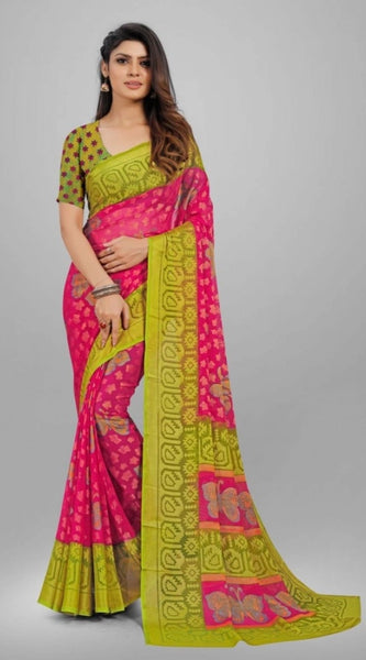 Mayawye Women's Viscose Rayon Printed Saree With Unstitched Blouse (Pink)
