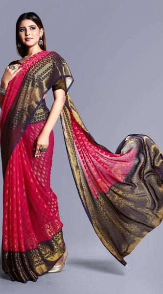 Mayawye Women's Viscose Rayon Printed Saree With Unstitched Blouse (Pink)
