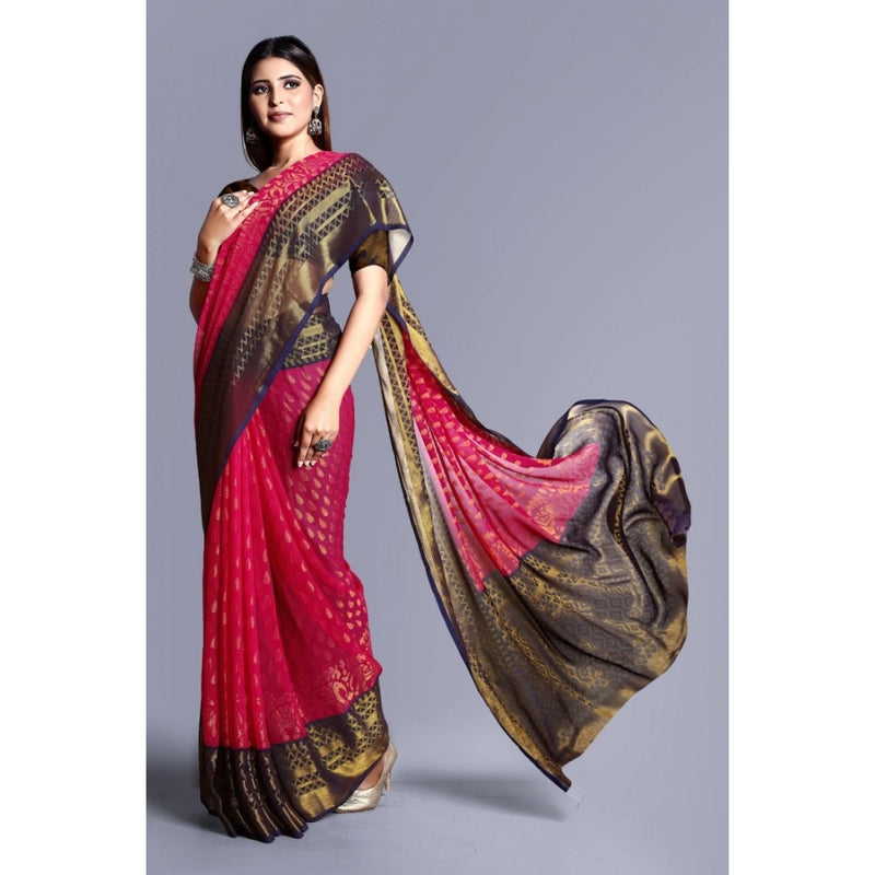 Mayawye Women's Viscose Rayon Printed Saree With Unstitched Blouse (Pink)