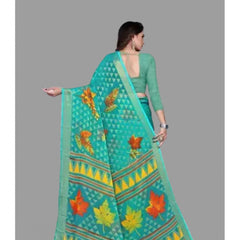 Mayawye Women's Viscose Rayon Printed Saree With Unstitched Blouse (Teal)