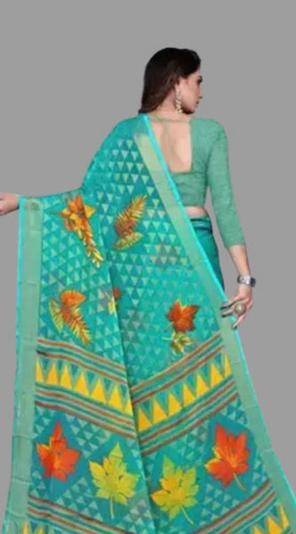 Mayawye Women's Viscose Rayon Printed Saree With Unstitched Blouse (Teal)