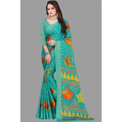 Mayawye Women's Viscose Rayon Printed Saree With Unstitched Blouse (Teal)