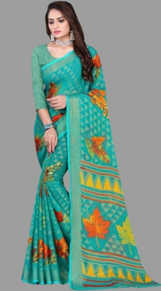 Mayawye Women's Viscose Rayon Printed Saree With Unstitched Blouse (Teal)