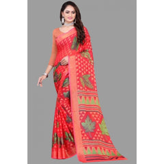 Mayawye Women's Viscose Rayon Printed Saree With Unstitched Blouse (Red)