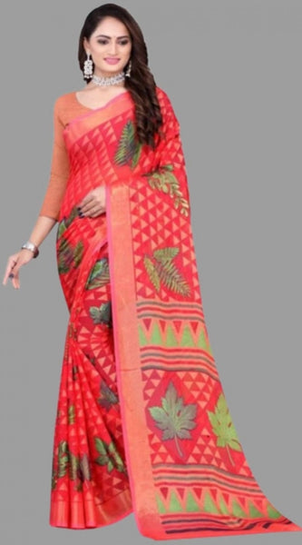 Mayawye Women's Viscose Rayon Printed Saree With Unstitched Blouse (Red)