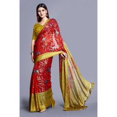Mayawye Women's Viscose Rayon Printed Saree With Unstitched Blouse (Red)