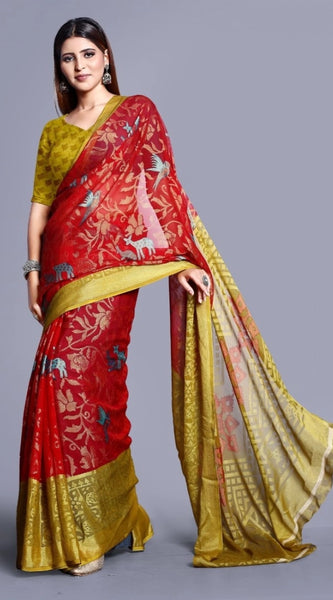 Mayawye Women's Viscose Rayon Printed Saree With Unstitched Blouse (Red)