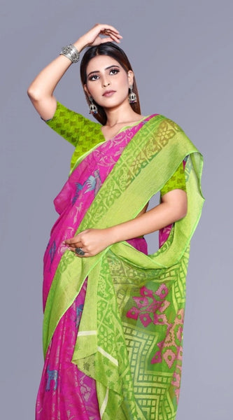 Mayawye Women's Viscose Rayon Printed Saree With Unstitched Blouse (Pink)