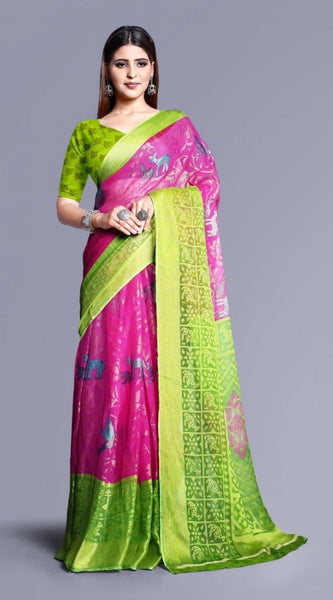 Mayawye Women's Viscose Rayon Printed Saree With Unstitched Blouse (Pink)