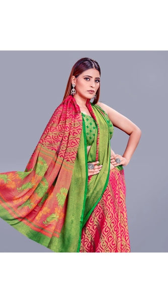 Mayawye Women's Viscose Rayon Printed Saree With Unstitched Blouse (Pink)
