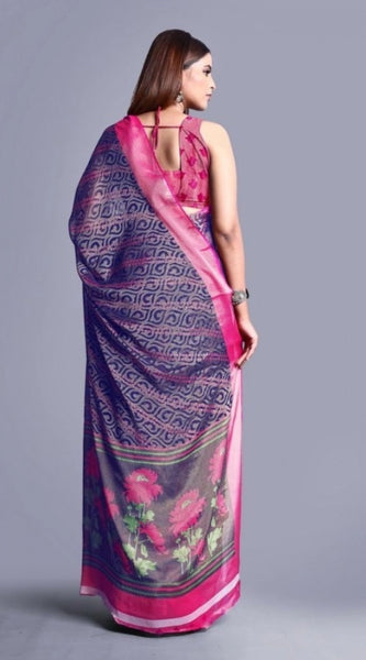 Mayawye Women's Viscose Rayon Printed Saree With Unstitched Blouse (Navy Blue)