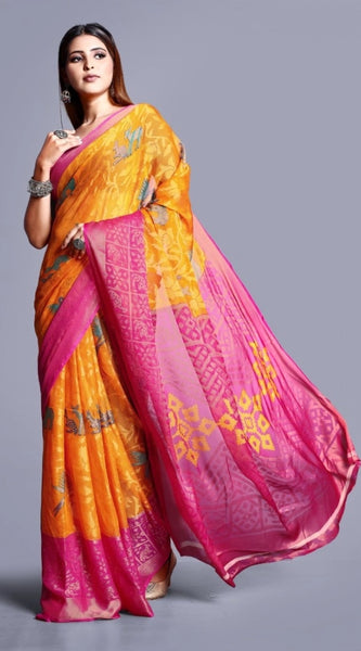 Mayawye Women's Viscose Rayon Printed Saree With Unstitched Blouse (Yellow)