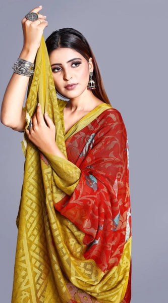 Mayawye Women's Viscose Rayon Printed Saree With Unstitched Blouse (Red)