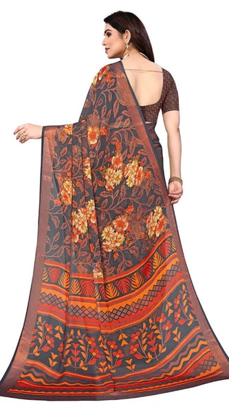 Mayawye Women's Viscose Rayon Printed Saree With Unstitched Blouse (Grey)
