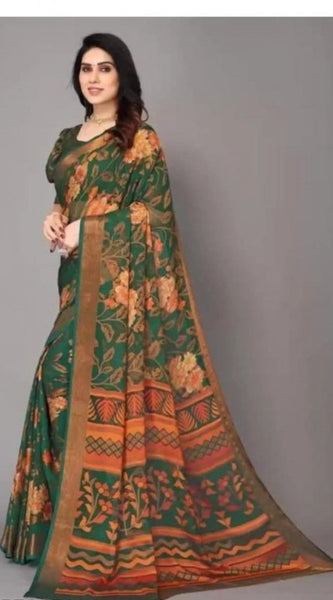 Mayawye Women's Viscose Rayon Printed Saree With Unstitched Blouse (Green)