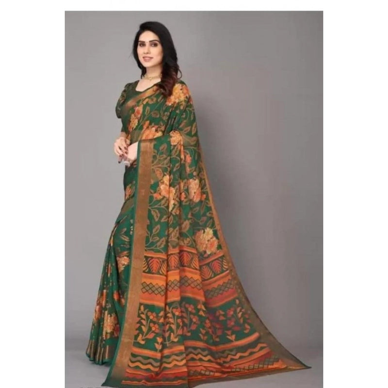 Mayawye Women's Viscose Rayon Printed Saree With Unstitched Blouse (Green)