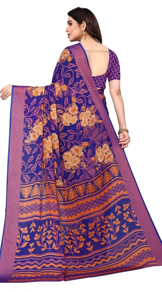 Mayawye Women's Viscose Rayon Printed Saree With Unstitched Blouse (Blue)