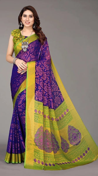 Mayawye Women's Viscose Rayon Printed Saree With Unstitched Blouse (Blue)