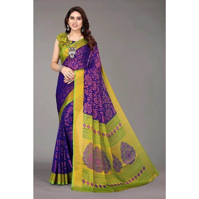 Mayawye Women's Viscose Rayon Printed Saree With Unstitched Blouse (Blue)