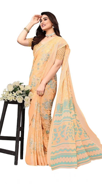 Mayawye Women's Viscose Rayon Printed Saree With Unstitched Blouse (Orange)