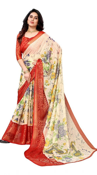 Mayawye Women's Viscose Rayon Printed Saree With Unstitched Blouse (Red)