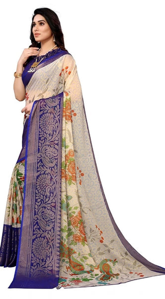 Mayawye Women's Viscose Rayon Printed Saree With Unstitched Blouse (Blue)
