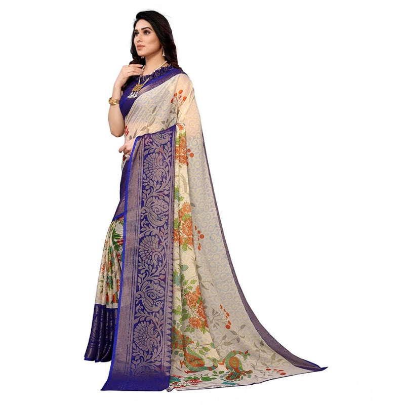 Mayawye Women's Viscose Rayon Printed Saree With Unstitched Blouse (Blue)