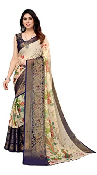 Mayawye Women's Viscose Rayon Printed Saree With Unstitched Blouse (Navy Blue)