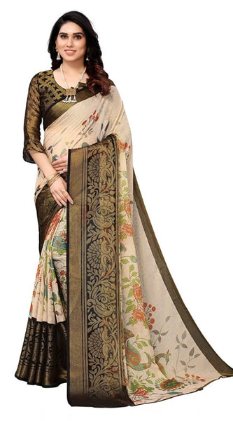 Mayawye Women's Viscose Rayon Printed Saree With Unstitched Blouse (Black)