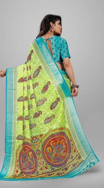 Mayawye Women's Viscose Rayon Printed Saree With Unstitched Blouse (Mehendi)
