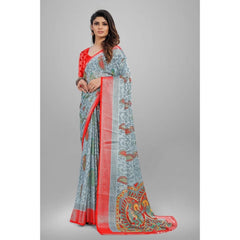 Mayawye Women's Viscose Rayon Printed Saree With Unstitched Blouse (Grey)